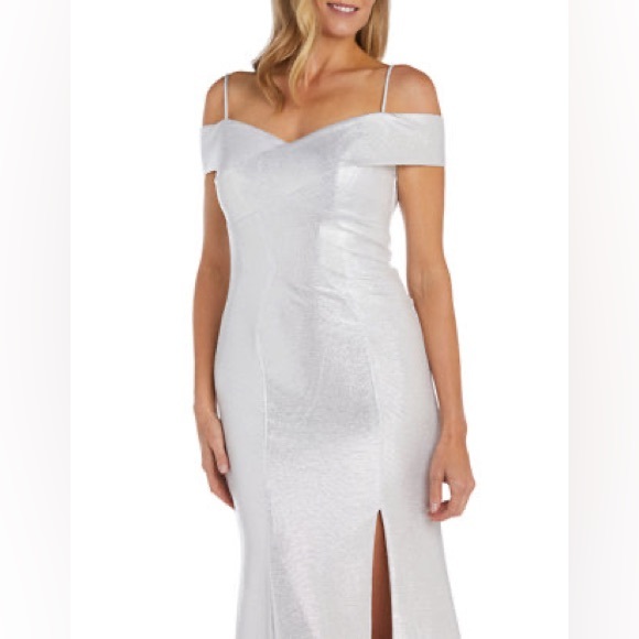 Nightway Long Off-the-Shoulder Metallic Open Leg Maxi Dress - Picture 3 of 14